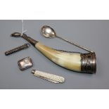 A late 19th century Russian 84 zolotnik spoon, a Soviet mounted horn vessel, two folding knives