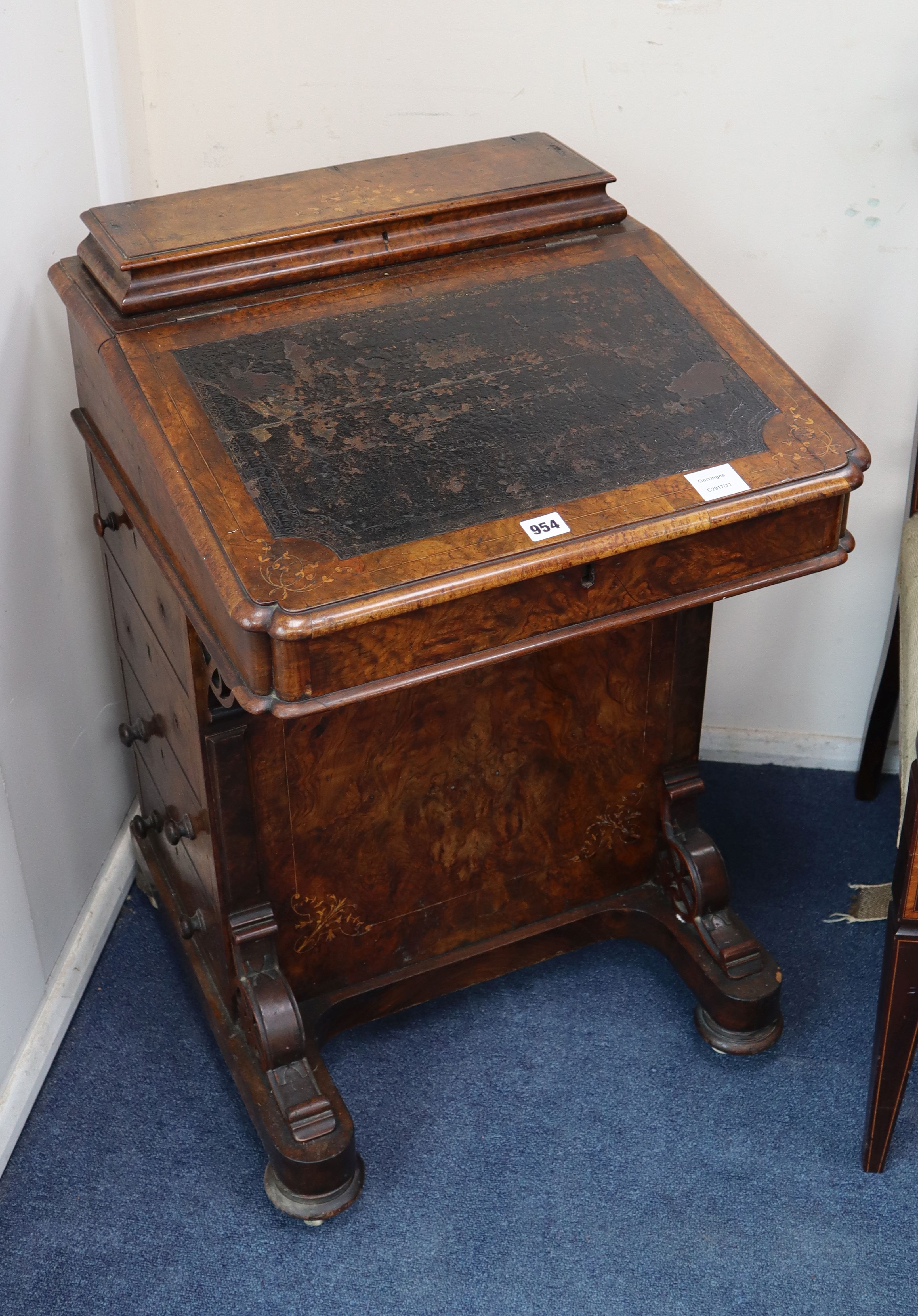 A Victorian inlaid walnut davenport W.54cm