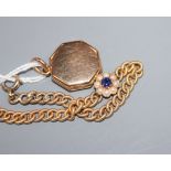 A yellow metal, seed pearl and sapphire cluster set bracelet, hung with an octagonal yellow metal