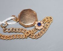 A yellow metal, seed pearl and sapphire cluster set bracelet, hung with an octagonal yellow metal