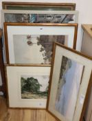 Five assorted watercolours and prints including an Evelyn Bishop gouache of Porth Newquay and a