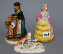A Goss Lady Betty figure, a Goebel group and a Staffordshire porcelain greyhound group, c.1830-50