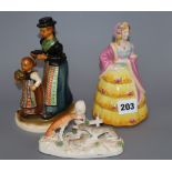 A Goss Lady Betty figure, a Goebel group and a Staffordshire porcelain greyhound group, c.1830-50