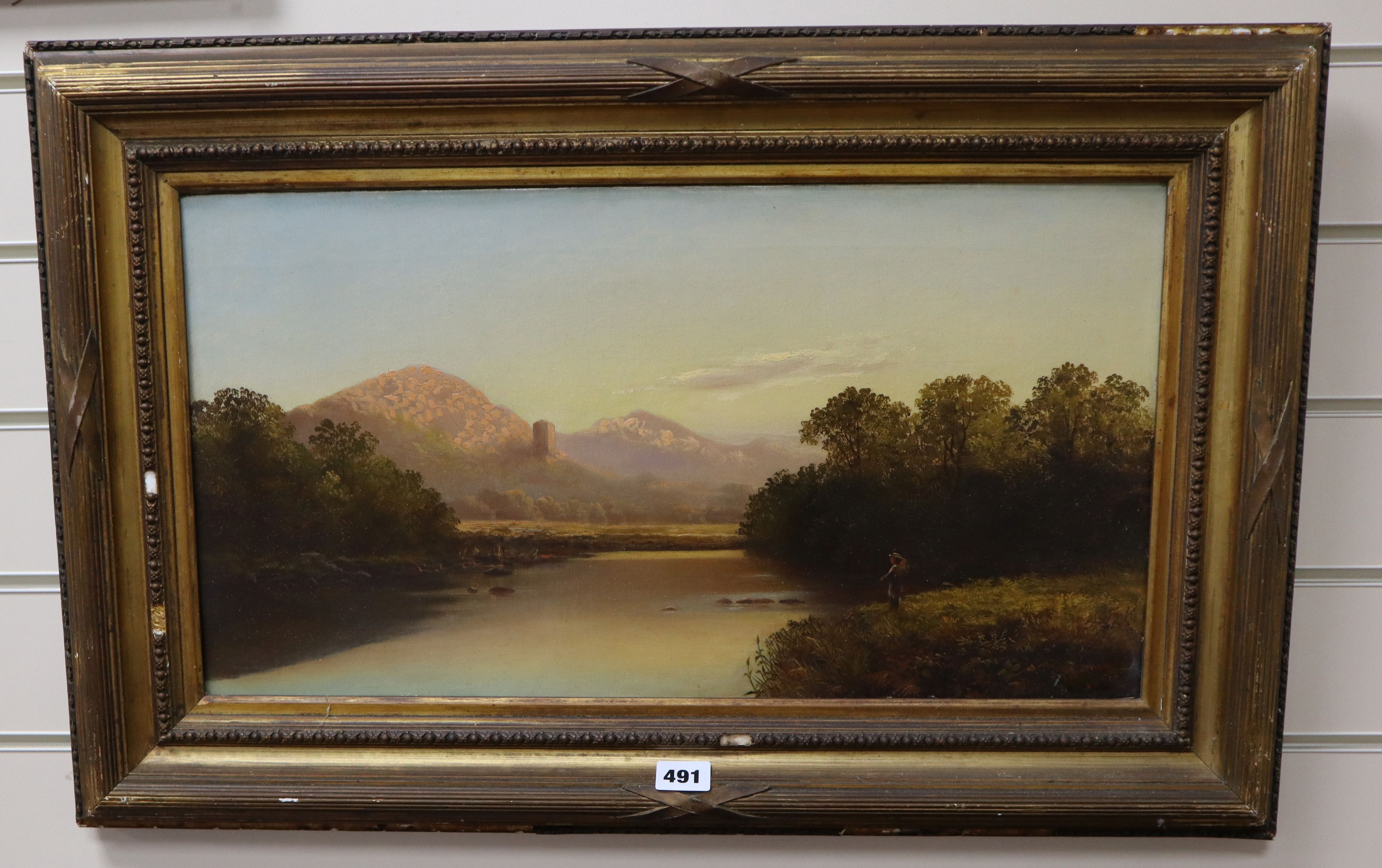 F. Buchanan, oil on canvas, Figure in a river landscape, signed and dated 1872, 30 x 55cm