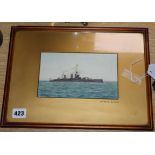 A. Fisher, watercolour, HMS Lion, signed, 11 x 19cm
