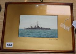 A. Fisher, watercolour, HMS Lion, signed, 11 x 19cm