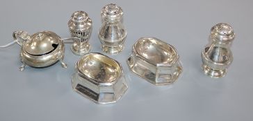 A pair of 1920's silver trencher salts by Tessiers Ltd, three other silver condiments and a silver