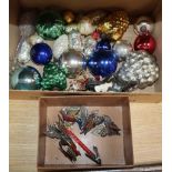 Mixed 1950's and later glass christmas tree decorations, three baubles and metal candle holders