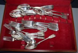 A 30 piece matched part canteen of 19th century silver fiddle pattern flatware, various dates and