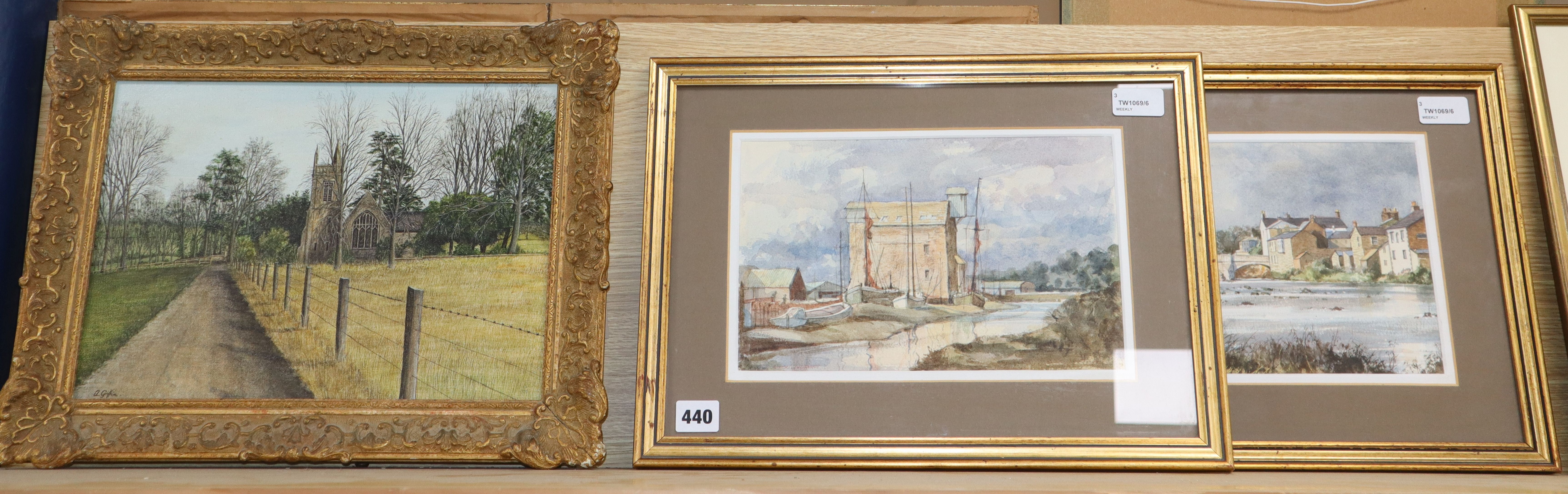 Robert Luckhurst, watercolour, 'Creek by Faversham', another, 'Haydon Bridge' and an oil on board of