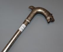 A 19th century bidri ware mahout elephant tamer's stick, with tiger's head handle and decorated with