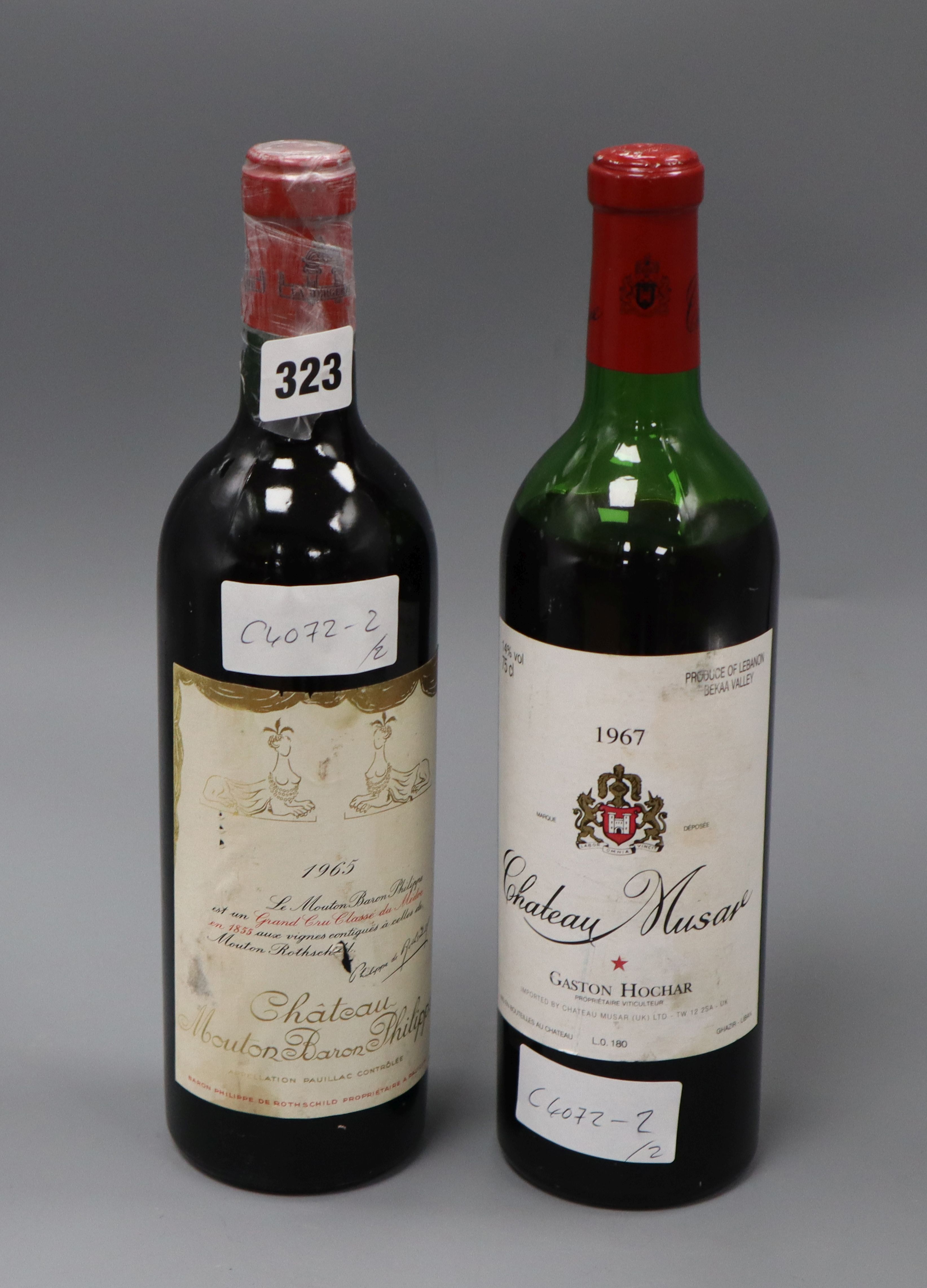 One bottle of Chateau Mouton Baron Philippe - Pauillac, 1965 and one Chateau Musar, 1967