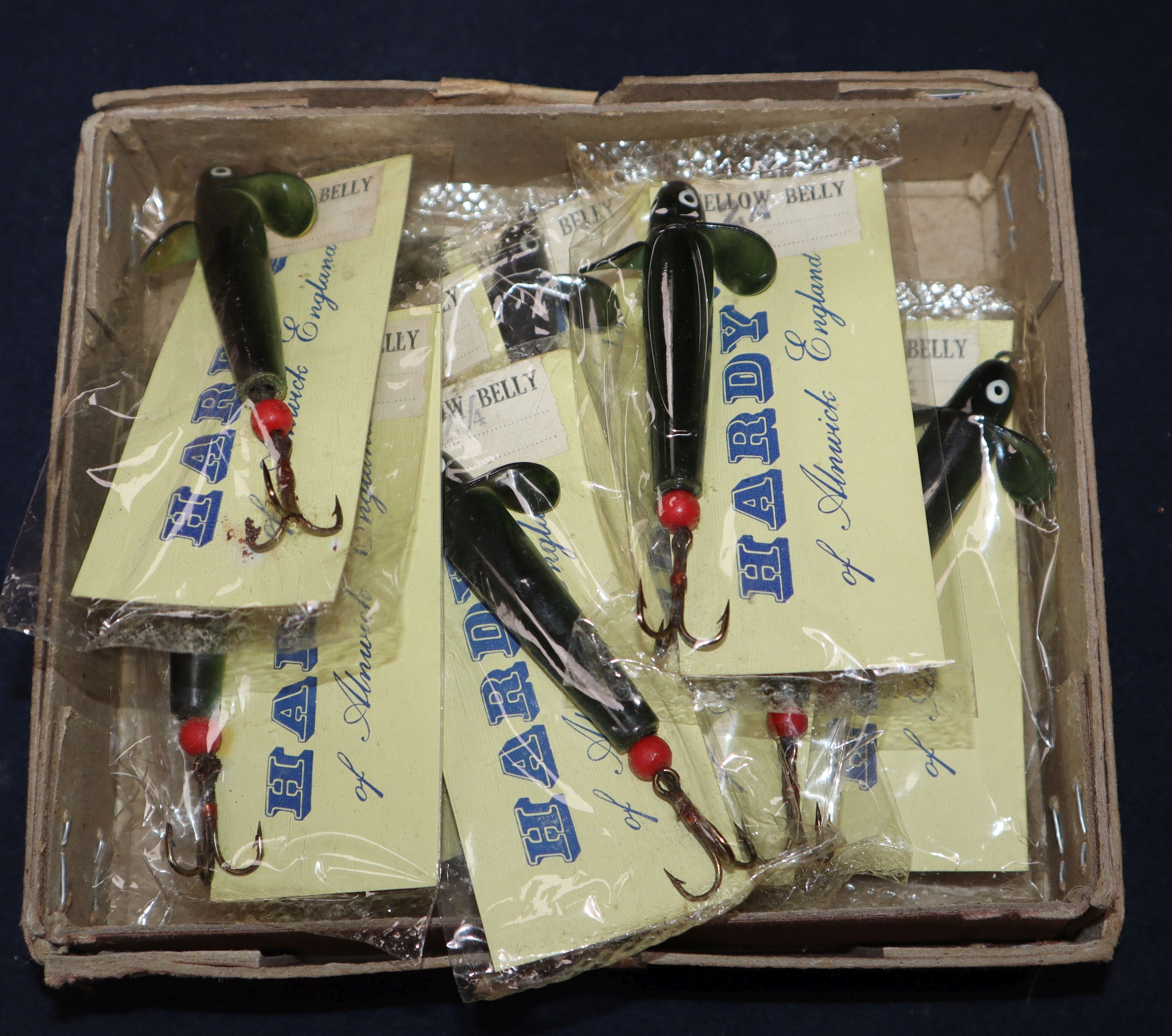 Two boxes of vintage Hardy 'Yellow Belly' lures in original carded cellophane, size 1 and 2.25in.