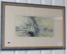 Carl R. Paul, watercolour, Yachts off the coast, signed, 18 x 37cm