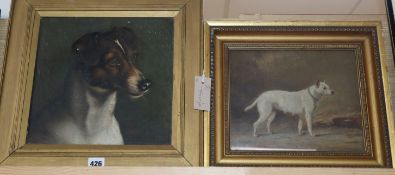 English School (early 19th century), oil on panel, mastiff bitch in a stable, 23 x 18cm and an