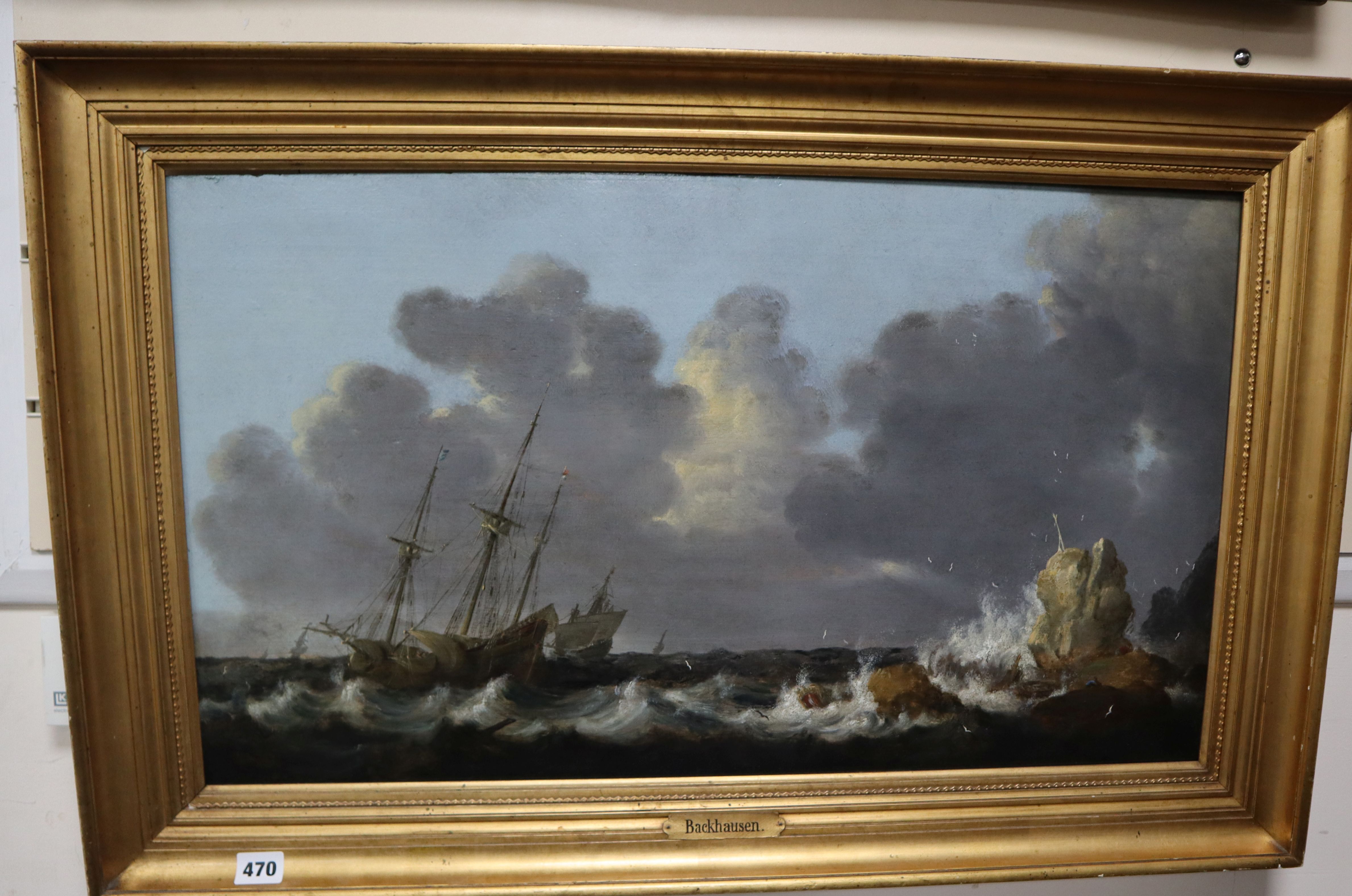 Manner of Ludolf Backhuysen (Dutch 1630-1708), oil on board, sailing vessels near rocks on a