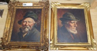 Austrian School, two oils on panel, Portraits of smoking gentlemen, 26 x 21cm