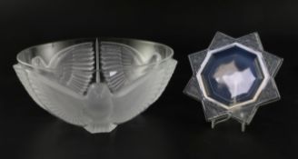 An R. Lalique 'Fauvettes' cendrier etched with birds and a French pressed glass bowl moulded with