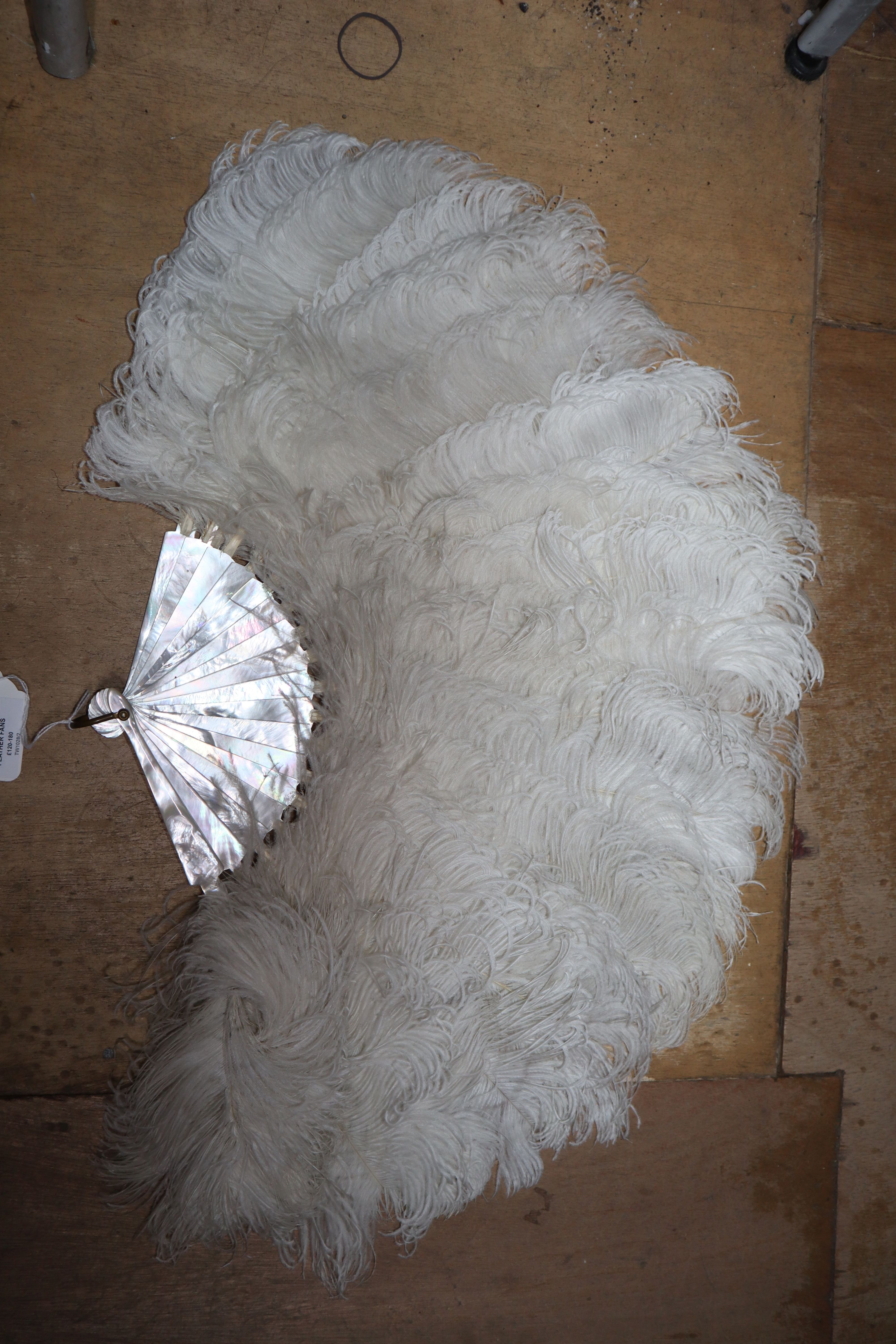 Two white ostrich feather fans, one with gold-monogrammed blond faux-tortoiseshell guard sticks - Image 4 of 5