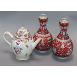 A pair of Chinese garlic neck vases and a famille rose teapot