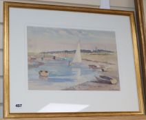 Albert Houghton (Wapping Group) watercolour, Estuary scene, signed, 24 x 36cm