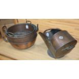 Three Victorian copper preserve pans and a Victorian copper coal helmet (4)