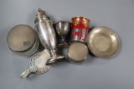 A 1920's silver sugar caster by Walker & Hall and six other items including coffee can holder,
