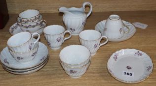 A Derby 'cornflower' trio and similar coffee cup & saucer and a Flight & Barr puce sprigged part