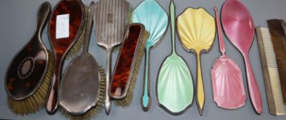 A quantity of assorted silver mounted brushes, mirrors etc. including enamel (plates missing).
