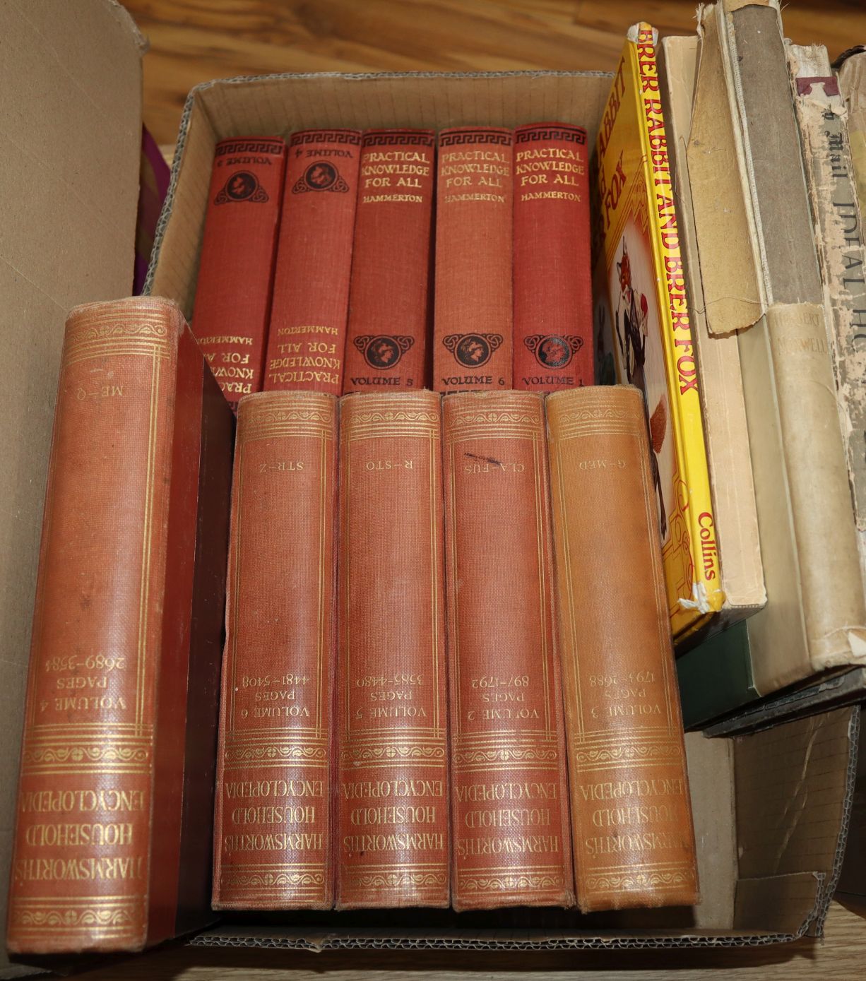 A quantity of assorted books including Hammerton Practical Knowledge For All, Peter Rabbit and