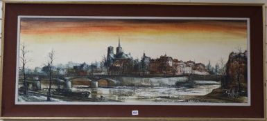 Ronald Folland (b.1932), oil on canvas, View of Notre Dame from The Seine, signed, 44 x 121cm