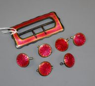 An Edwardian silver and pink enamel buckle with six matching buttons, Deakin & Francis,
