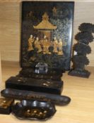 A late 19th century japanned papier mache desk set and a brass wheatsheaf letter rack