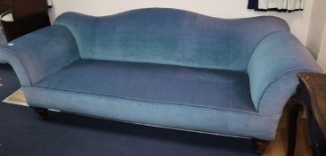 A Victorian double scroll end sofa upholstered in blue dralon W.230cm