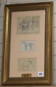 Three pencil drawings of horses and ponies, inscribed in German, in single frame bearing label 'A