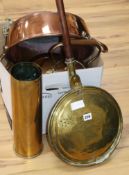 A quantity of brassware, plate and copper including one 2nd World War shell case, one 1st World