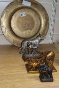 A chrome car mascot, an Indian brass dish etc (5)