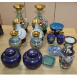 A collection of cloisonne items and stands (17 items)