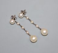 A pair of white metal and cultured pearl set drop earrings, 39mm.
