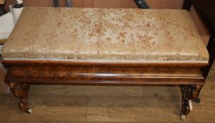 A 19th century French burr walnut box seat stool W.105cm