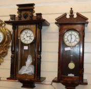 Two Vienna style mahogany wall clocks tallest 80cm