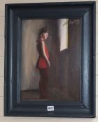 Banbury, oil on board, Girl standing at a window, signed and dated '67, 40 x 30cm