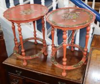 A pair of flower painted red ground occasional tables W.49cm