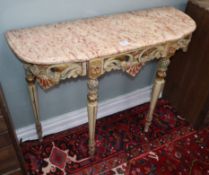 An Italian polychrome wood and marble top console table W.98cm