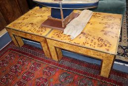 A pair of brass mounted burr maple coffee tables 80cm. square