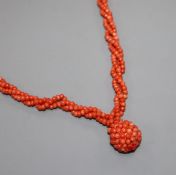 A coral ropetwist necklace with coral cluster drop, 70cm.