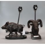 Two spelter lamps modelled as a warthog and a ram