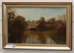 19th Century English school, oil on canvas, View of Windsor Castle, indistinctly signed, 24 x 40cm