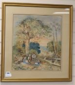 A. Hart (19th century), watercolour, Picnicers in a landscape, signed, 49 x 44cm