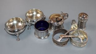 A pair of Victorian silver bun salts, Edward Charles Brown, London, 1871 and 8 other items including